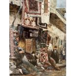 Sadipov Kazakhstan, Rug Sellers, watercolour, glazed silvered mounted frame, signed bottom right, (