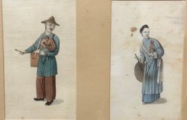 19thc book plate of a Chinese Man with Spider Monkey, highlighted with colour, and Lady with Sprig