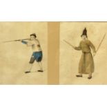 A pair of 19th Chinese book illustrations, Chinese Figure with Rifle and a Chinese Figure with