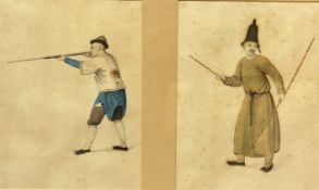 A pair of 19th Chinese book illustrations, Chinese Figure with Rifle and a Chinese Figure with