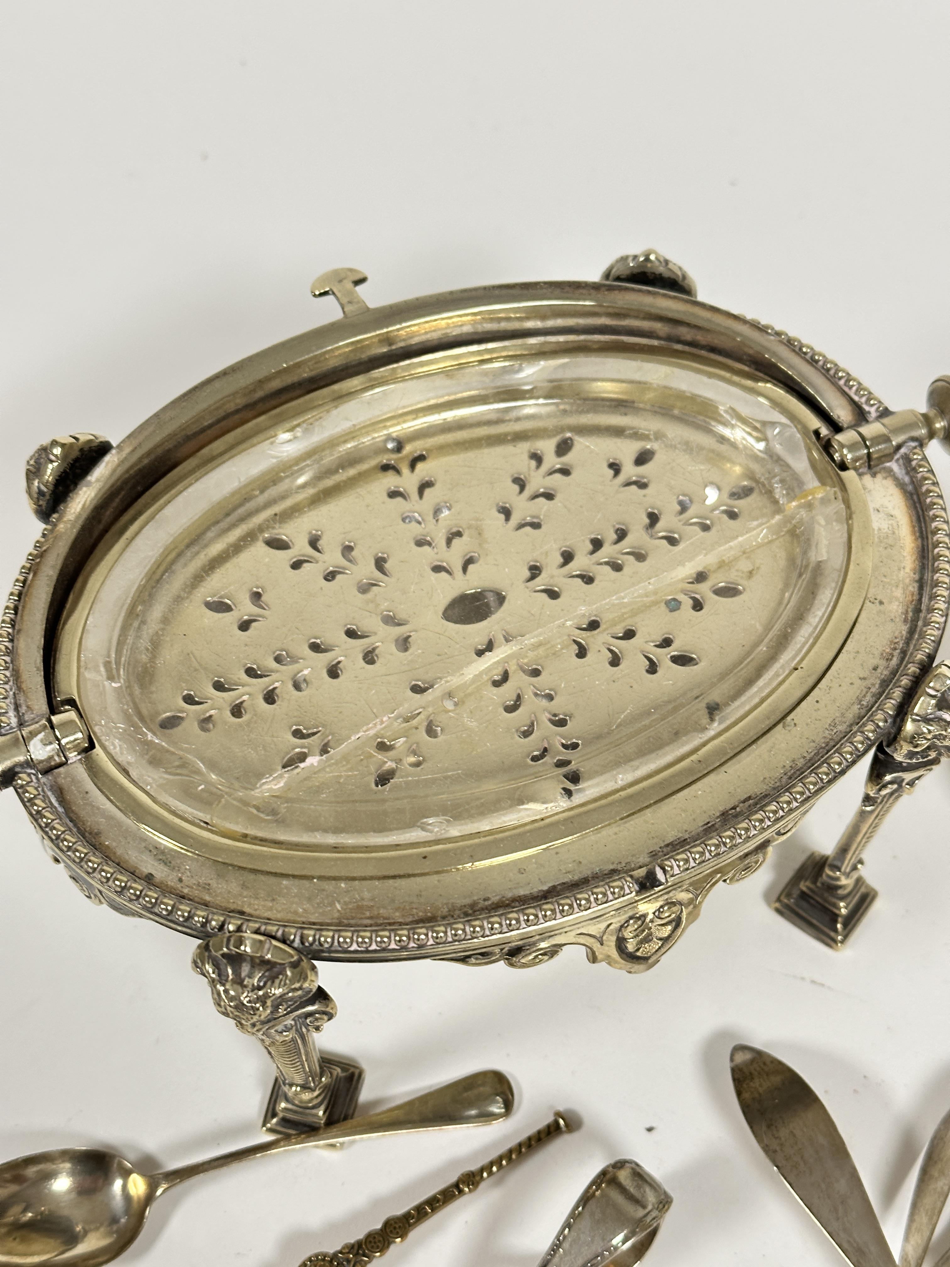 An Epns oval revolving miniature serving dish with engraved decoration and beaded border, on rams - Image 3 of 5