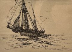 Arthur Brisco, RERI, (British 1873-1943) Trawler, engraving, paper label verso, ebonised glazed