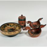 A group of Scandanavian treen including two dragon shaped oval vessels with tongues and fangs, (12cm