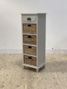 A contemporary white storage unit, with drawer over four baskets, turned supports, (A/F) H116cm,