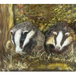 B Ridgley, Badgers, watercolour, signed bottom left and dated 1980, oak glazed mounted frame, (