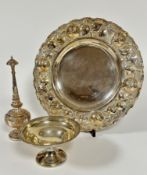 An Epns dish with chased fruit and leaf scalloped border, (d 30cm) a Birmingham silver bon bon