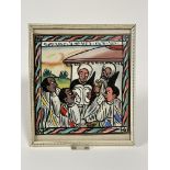 A North African painted fabric panel depicting two religious figures with script to top, (