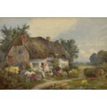 Thomas Knole Smith, (British, 1840-1900) English Country Thatched Cottage with Figures of a Little