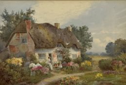 Thomas Knole Smith, (British, 1840-1900) English Country Thatched Cottage with Figures of a Little