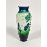 A cameo glass vase with scenes of sail boats on a blue sea of tapered cylinder form, unsigned, (h
