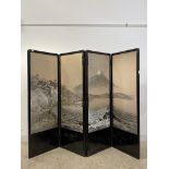 A Japanese lacquered three fold room screen, first half of the 20th century, with embroidered silk