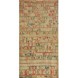 A Regency sewn work alphabet sampler by Mary Walker aged 7 years on October 1836 worked on linen
