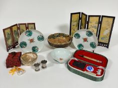 A group of Japanese and Chinese souvenirs including a miniature four fold screen decorated with