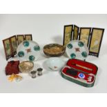 A group of Japanese and Chinese souvenirs including a miniature four fold screen decorated with