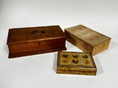 An Edwardian oak rectangular box (no key and locked) with brass bail handle to top, (11cm x 36cm x