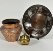 A modern Ma pewter inset dish with beaded border, (d 27cm) an Eastern copper container of baluster