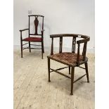 Two Edwardian inlaid mahogany chairs in the Arts and Crafts style, H98cm