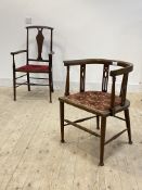 Two Edwardian inlaid mahogany chairs in the Arts and Crafts style, H98cm