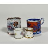 A collection of various tea cups, one decorated with blue and orange enamelling depicting floral