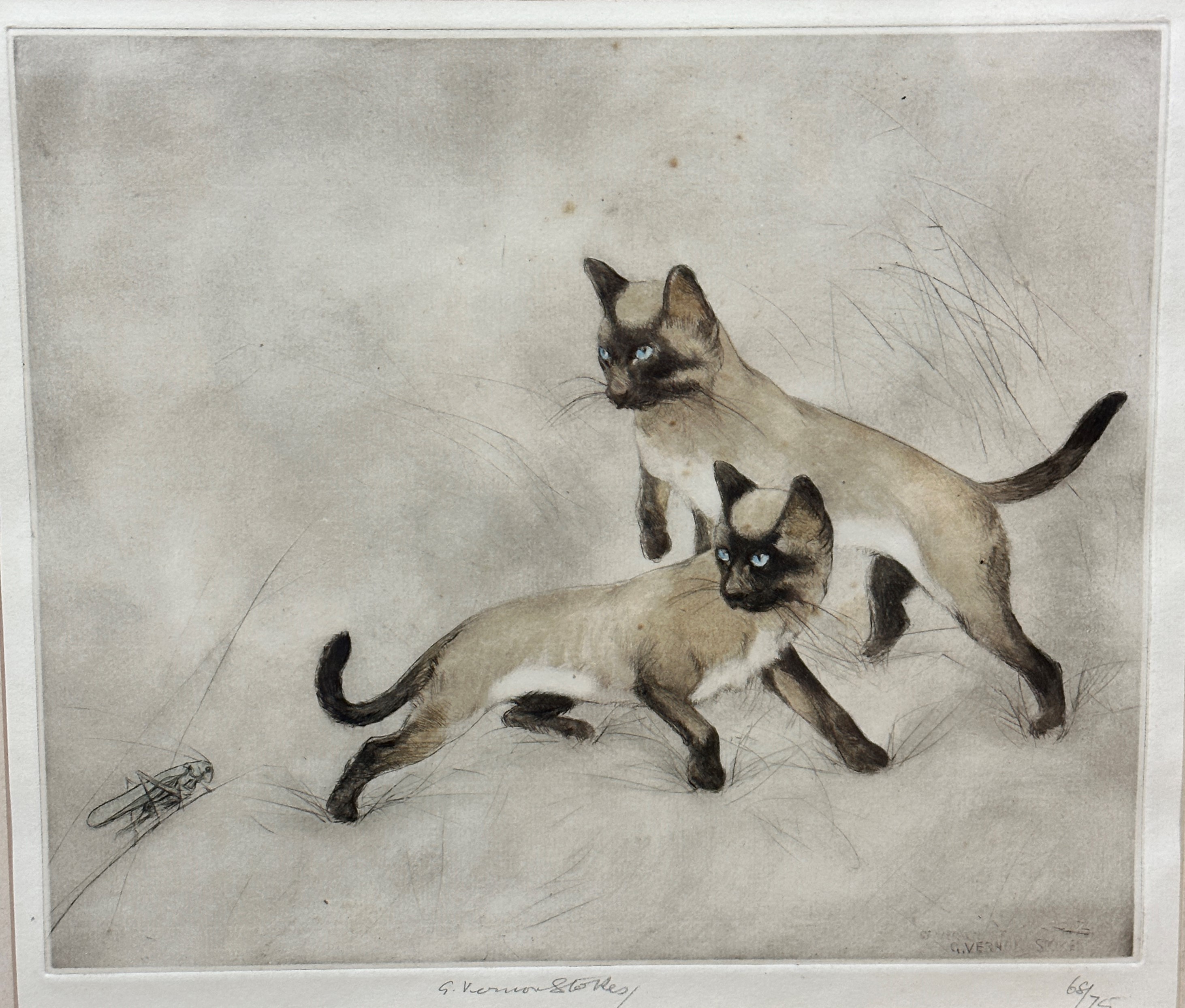 George Vernon Stokes, (British, 1873-1954) Siamese Cats, original signed proof etching, signed