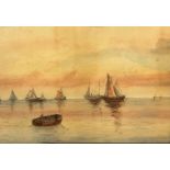 Unknown Artist, 19thc Primitive School, Fishing Boats off the Coast, watercolour, gilt glazed