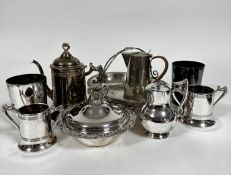 An Epns oval engraved cake basket, an Epns three part tea service, two Epns engraved tankards, an