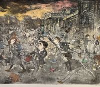 Johnston, The High School Playground, engraving highlighted with colour, 20/70, oak glazed mounted