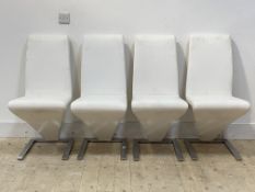 A set of four contemporary faux white leather and chrome dining chairs, H92cm, W42cm, D50cm