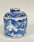 A Chinese late 19th early 20thc silver shaped tea caddy and cover decorated with handpainted landsca