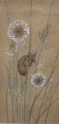 V Rannell, A Dormouse on a Wheatsheaf, pen and ink highlighted with watercolour on coloured paper,