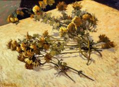 W Russell, Chrysanthemums on a Table, oil on canvas, signed bottom right and dated '72, inscribed