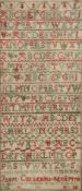 A 19thc sewn work sampler with alphabet worked on linen, worked by Janet Calendar aged 7 years, in