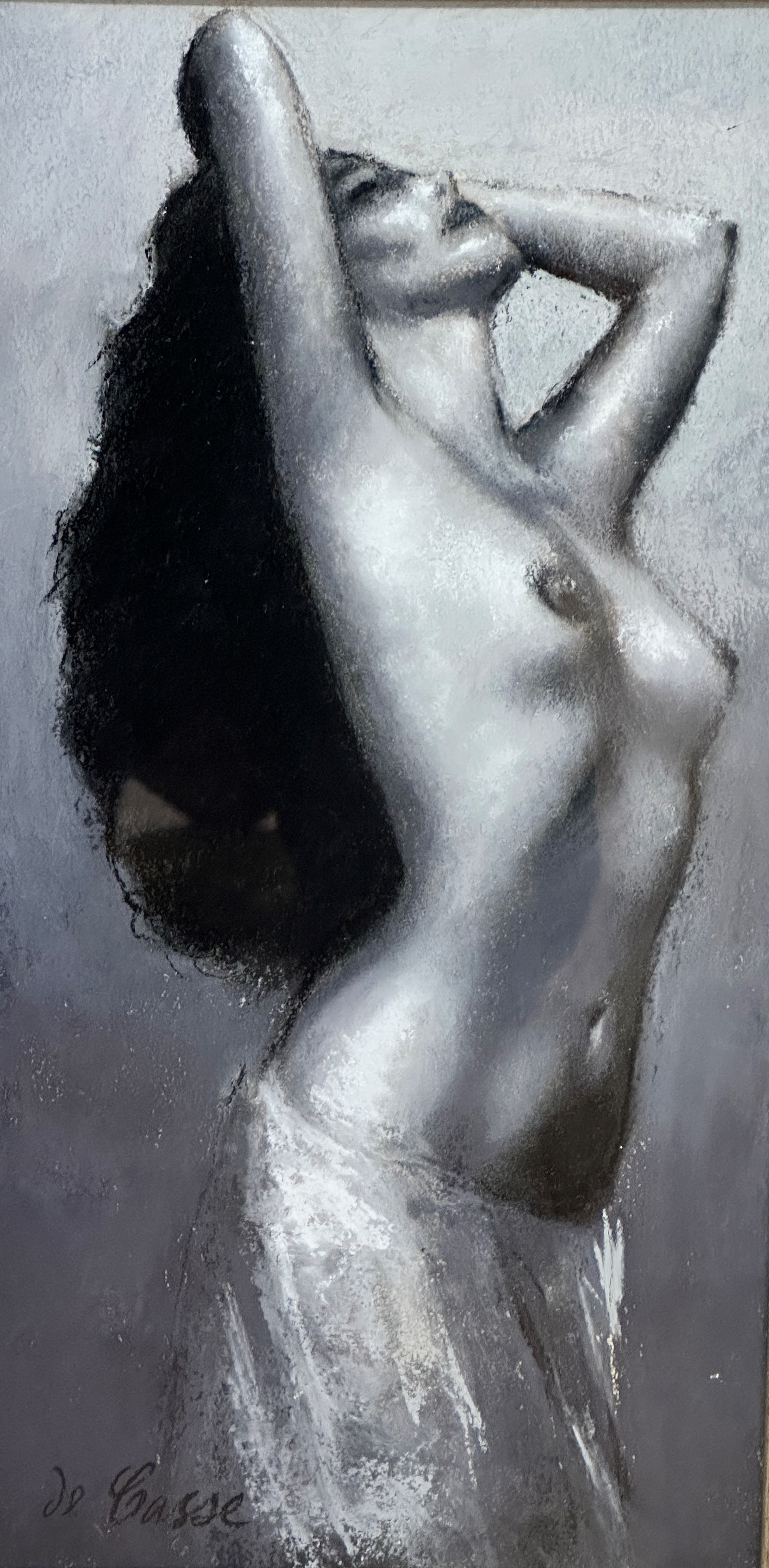 De Casse, Study of a Female with Long Dark Hair, pastel signed bottom left, silvered glazed