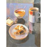 Ann Crawford, Still Life with Croissant, Coffee, Butter and Jam, oil on canvas, ebonised glazed