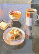 Ann Crawford, Still Life with Croissant, Coffee, Butter and Jam, oil on canvas, ebonised glazed