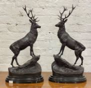 After Jules Moigniez, a pair of bronze stags standing on rocky outcrop, raised on a marble base,