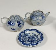 A pair of blue and white Japanese tea pots decorated with prunus flowers (chip to the spouts, no