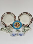 Two Mason's blue Mandalay soup plates (d 26cm), a pair of Mason's Chartreuse pattern jam dishes (h