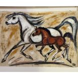 Terry Barron Kirkwood, (Scottish) A White Mare and her Foal, mixed media on handmade paper, signed