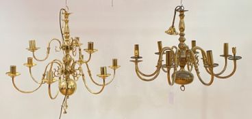 A Dutch style brass chandelier with eight scrolled branches D71cm, together with a similar (2)