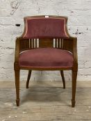 An Edwardian inlaid mahogany and upholstered drawing room chair, H88cm, W53cm, D54cm