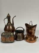 A collection of brass and copper ware, comprising an ewer (h- 46cm), copper pot (marked - Swiss
