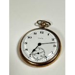 An Elgin yellow metal open faced pocket watch, white enamel dial with Arabic numerals and