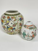 A Chinese famille rose style decorated ginger jar with tobacco leaf decorated border to top and