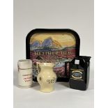 A collection of whisky memorabilia comprising of a "Mackinlay's Old Scot Whisky" ceramic jug (h-