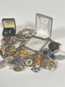 A collection of costume jewellery including marcasite circular brooch and floral spray brooch, a