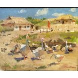 Andrey Yalanskiy, (Ukraine b 1959-) Farm Yard with Geese, oil on canvas, oak frame, signed bottom