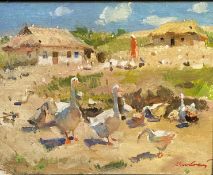 Andrey Yalanskiy, (Ukraine b 1959-) Farm Yard with Geese, oil on canvas, oak frame, signed bottom