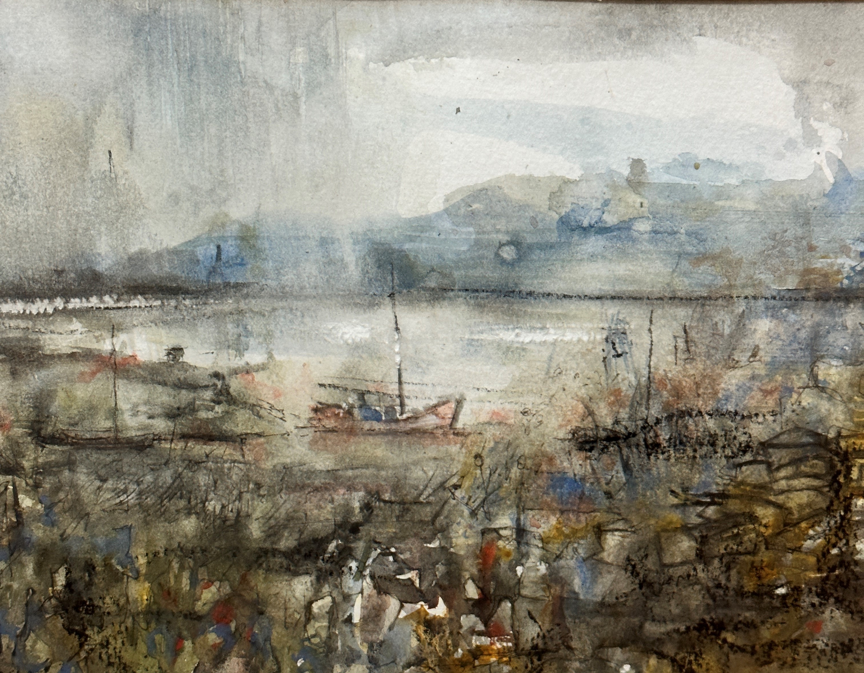 Unknown Artist, Boats by an Estuary, watercolour, mahogany glazed mounted frame, (17cm x 22cm)