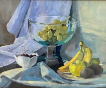 Ann Crawford, Fruit, oil on board, signed bottom left, paper label verso, white painted glazed